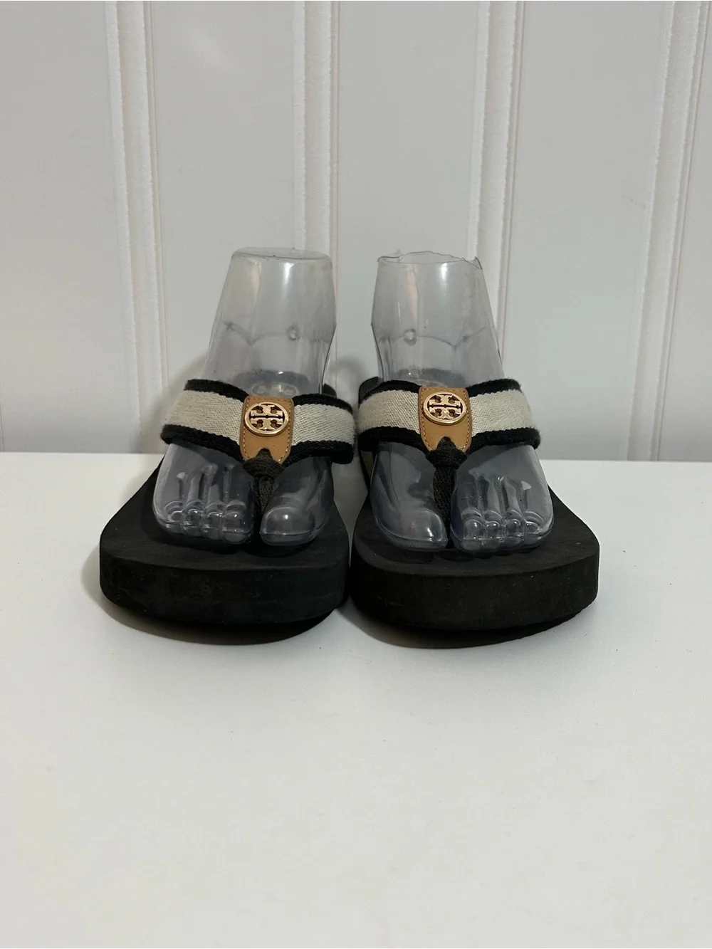 Tory Burch Black Footbed Flip Flops with Cream Straps platform